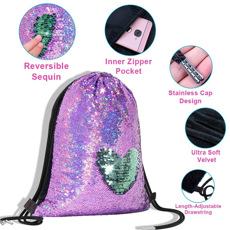 GA&EN Mermaid Reversible Sequin Drawstring Backpack/Bag Iridescent Dotted Dark SeaGreen/Purple for Kids Girls One_Size - Image 5